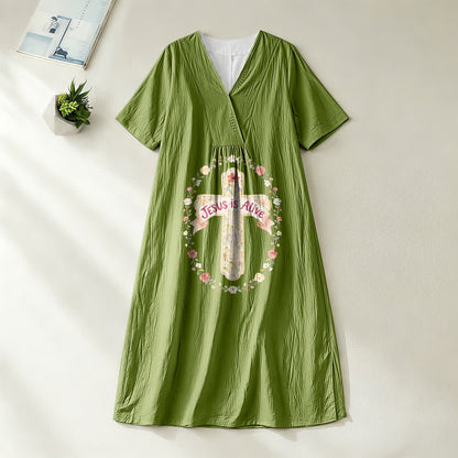 Christianartworkshop Jesus Is Alive Floral Cross V-Neck Short Sleeve Midi Dress