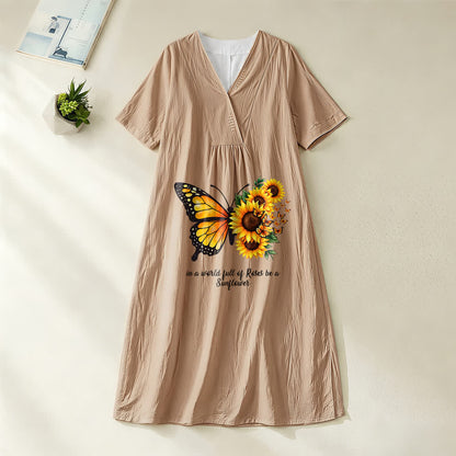 Christianartworkshop Butterfly & Sunflower Inspirational Quote V-Neck Short Sleeve Midi Dress