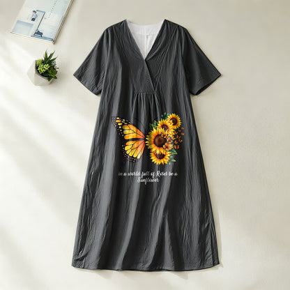 Christianartworkshop Butterfly & Sunflower Inspirational Quote V-Neck Short Sleeve Midi Dress