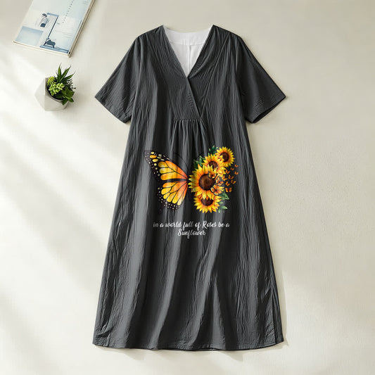 Christianartworkshop Butterfly & Sunflower Inspirational Quote V-Neck Short Sleeve Midi Dress