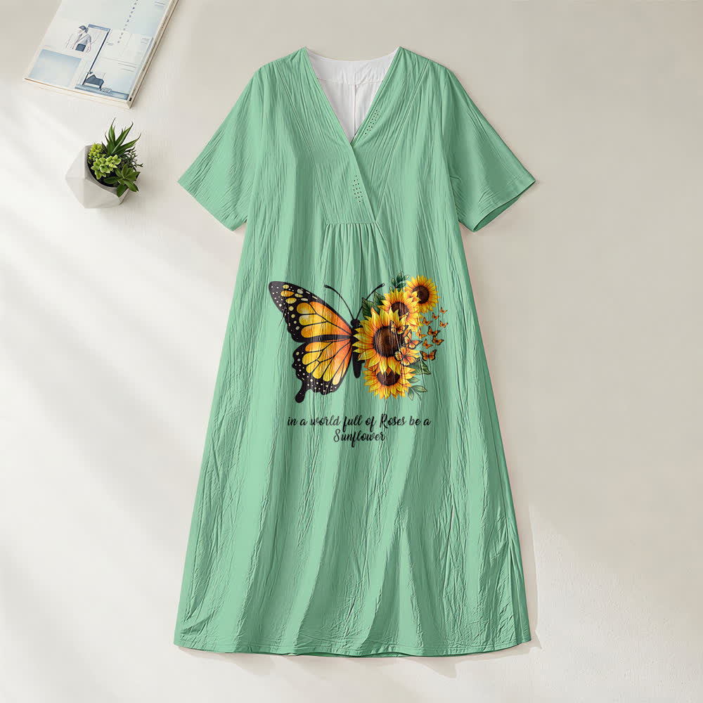 Christianartworkshop Butterfly & Sunflower Inspirational Quote V-Neck Short Sleeve Midi Dress