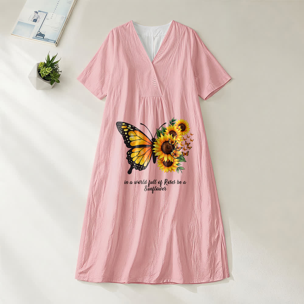 Christianartworkshop Butterfly & Sunflower Inspirational Quote V-Neck Short Sleeve Midi Dress