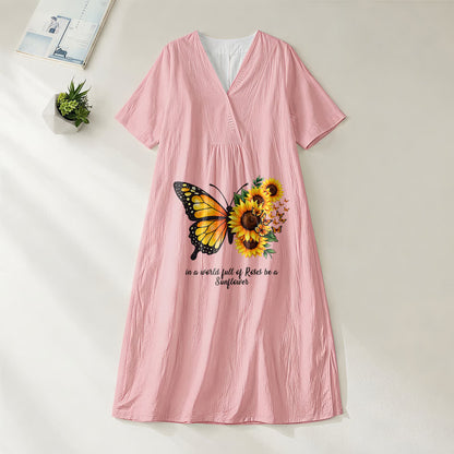 Christianartworkshop Butterfly & Sunflower Inspirational Quote V-Neck Short Sleeve Midi Dress