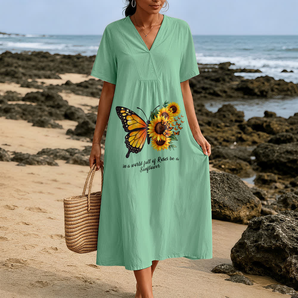 Christianartworkshop Butterfly & Sunflower Inspirational Quote V-Neck Short Sleeve Midi Dress