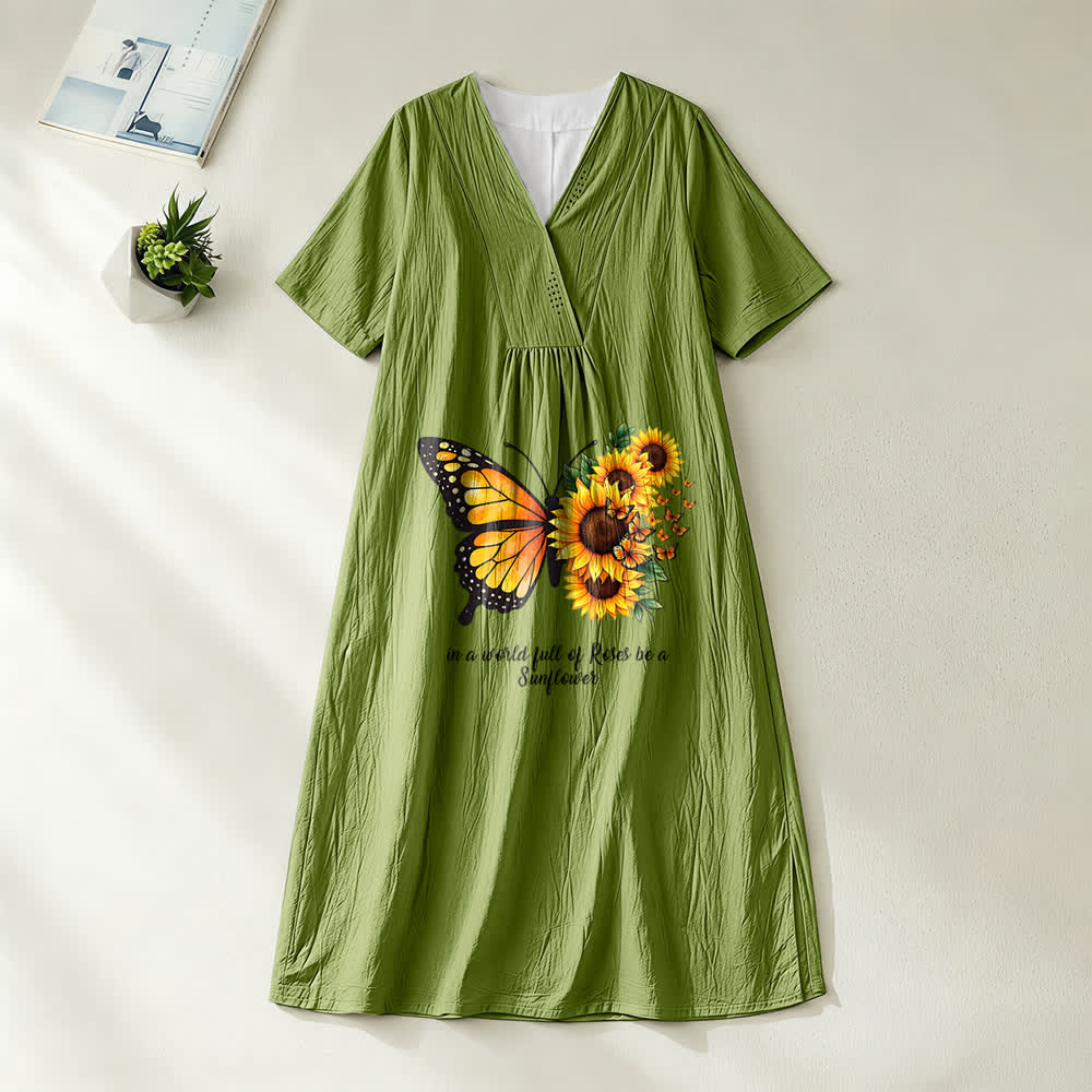 Christianartworkshop Butterfly & Sunflower Inspirational Quote V-Neck Short Sleeve Midi Dress