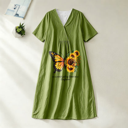 Christianartworkshop Butterfly & Sunflower Inspirational Quote V-Neck Short Sleeve Midi Dress