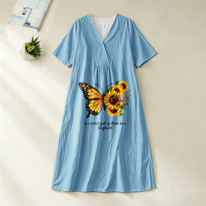 Christianartworkshop Butterfly & Sunflower Inspirational Quote V-Neck Short Sleeve Midi Dress