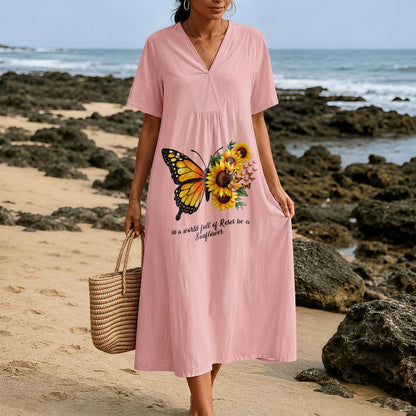 Christianartworkshop Butterfly & Sunflower Inspirational Quote V-Neck Short Sleeve Midi Dress