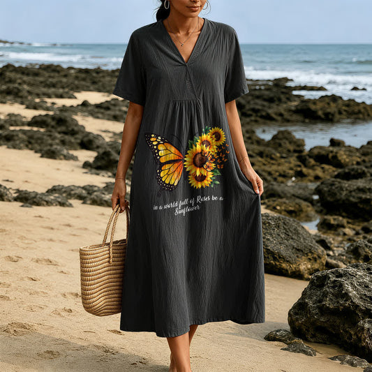 Christianartworkshop Butterfly & Sunflower Inspirational Quote V-Neck Short Sleeve Midi Dress