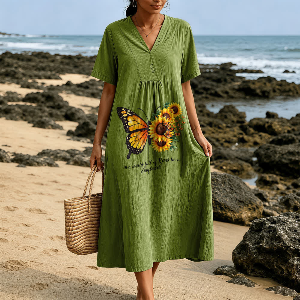 Christianartworkshop Butterfly & Sunflower Inspirational Quote V-Neck Short Sleeve Midi Dress