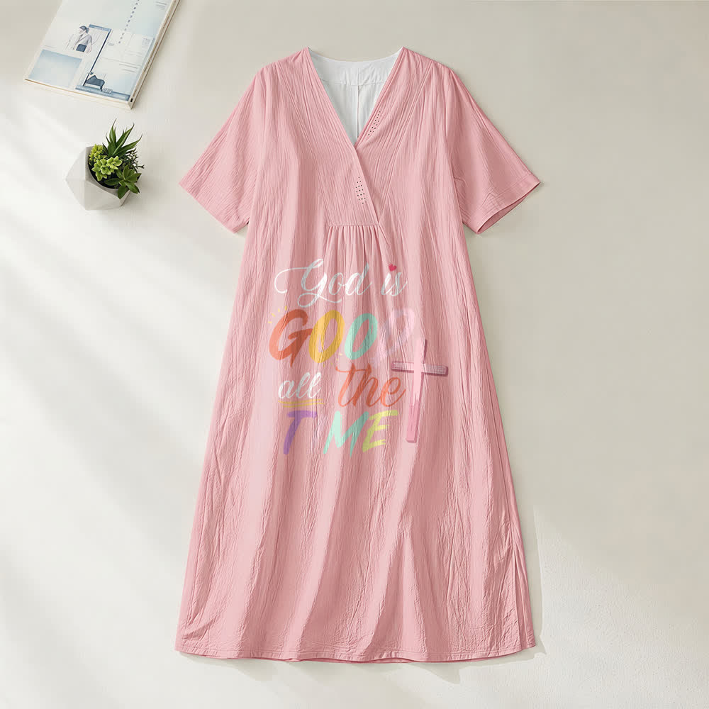 Christianartworkshop Faith-Inspired "God Is Good All The Time" V-Neck Short Sleeve Midi DressChristianartworkshop Faith-Inspired "God Is Good All The Time" V-Neck Short Sleeve Midi Dress