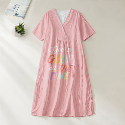 Christianartworkshop Faith-Inspired "God Is Good All The Time" V-Neck Short Sleeve Midi DressChristianartworkshop Faith-Inspired "God Is Good All The Time" V-Neck Short Sleeve Midi Dress