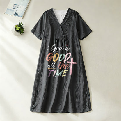 Christianartworkshop Faith-Inspired "God Is Good All The Time" V-Neck Short Sleeve Midi DressChristianartworkshop Faith-Inspired "God Is Good All The Time" V-Neck Short Sleeve Midi Dress