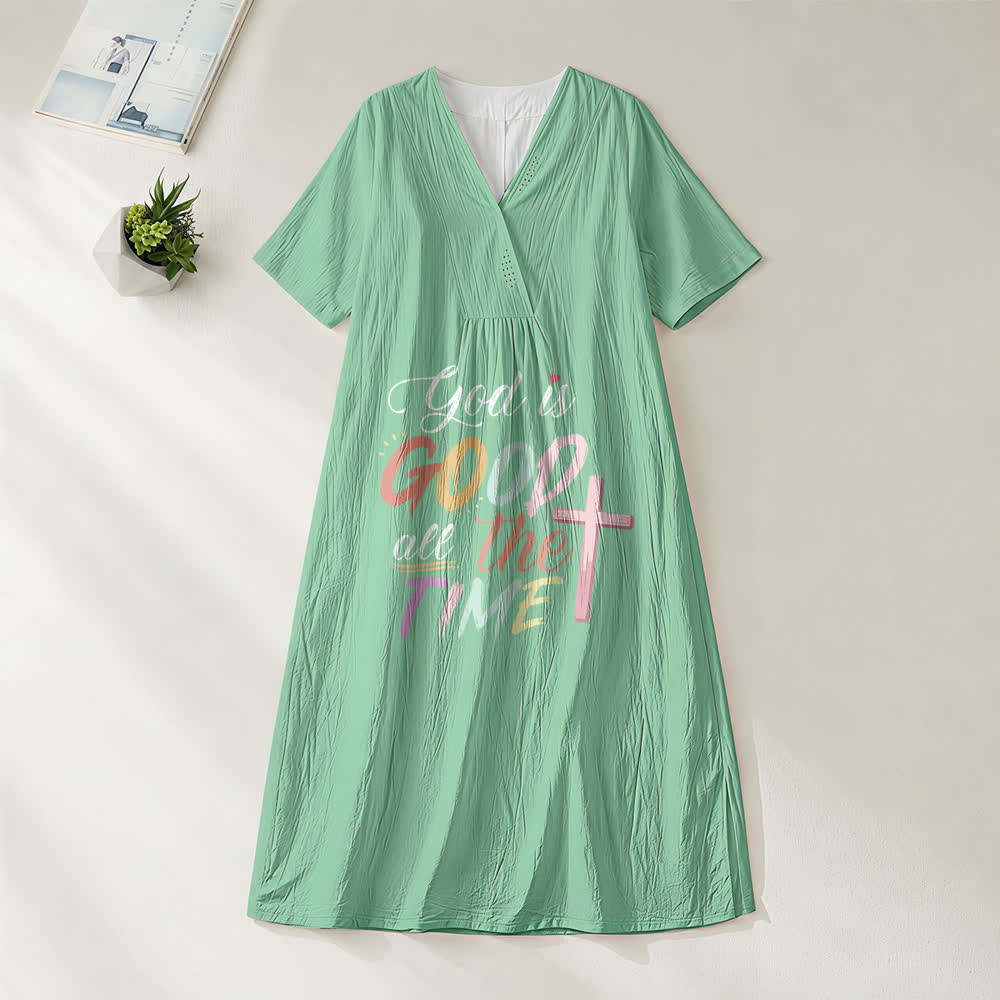 Christianartworkshop Faith-Inspired "God Is Good All The Time" V-Neck Short Sleeve Midi DressChristianartworkshop Faith-Inspired "God Is Good All The Time" V-Neck Short Sleeve Midi Dress
