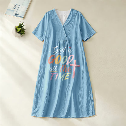 Christianartworkshop Faith-Inspired "God Is Good All The Time" V-Neck Short Sleeve Midi DressChristianartworkshop Faith-Inspired "God Is Good All The Time" V-Neck Short Sleeve Midi Dress