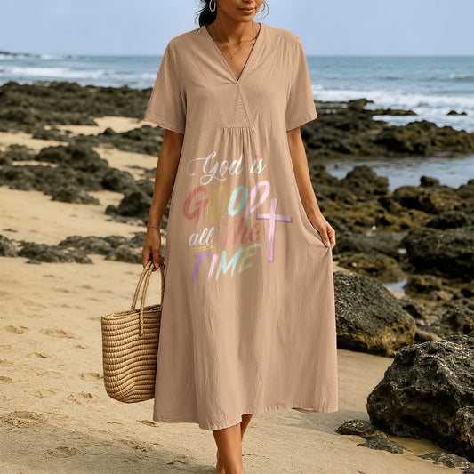 Christianartworkshop Faith-Inspired "God Is Good All The Time" V-Neck Short Sleeve Midi DressChristianartworkshop Faith-Inspired "God Is Good All The Time" V-Neck Short Sleeve Midi Dress