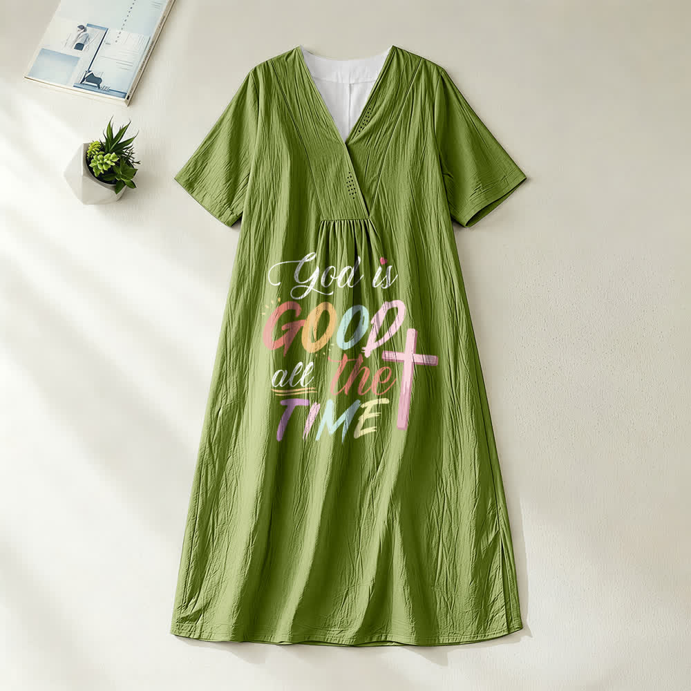 Christianartworkshop Faith-Inspired "God Is Good All The Time" V-Neck Short Sleeve Midi DressChristianartworkshop Faith-Inspired "God Is Good All The Time" V-Neck Short Sleeve Midi Dress