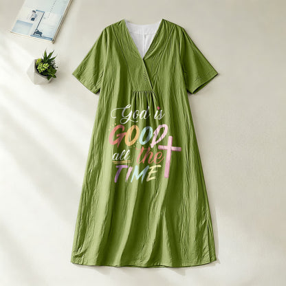 Christianartworkshop Faith-Inspired "God Is Good All The Time" V-Neck Short Sleeve Midi DressChristianartworkshop Faith-Inspired "God Is Good All The Time" V-Neck Short Sleeve Midi Dress