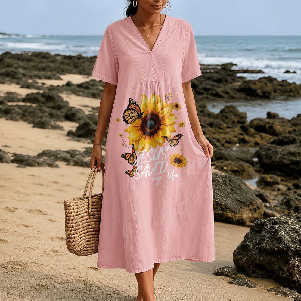 Christianartworkshop "Jesus Saved My Life" Sunflower & Butterfly V-Neck Short Sleeve Midi Dress