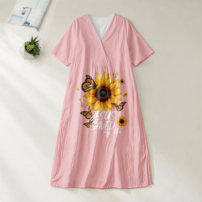Christianartworkshop "Jesus Saved My Life" Sunflower & Butterfly V-Neck Short Sleeve Midi Dress