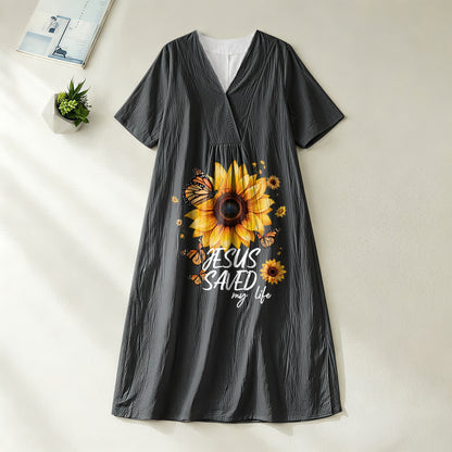 Christianartworkshop "Jesus Saved My Life" Sunflower & Butterfly V-Neck Short Sleeve Midi Dress