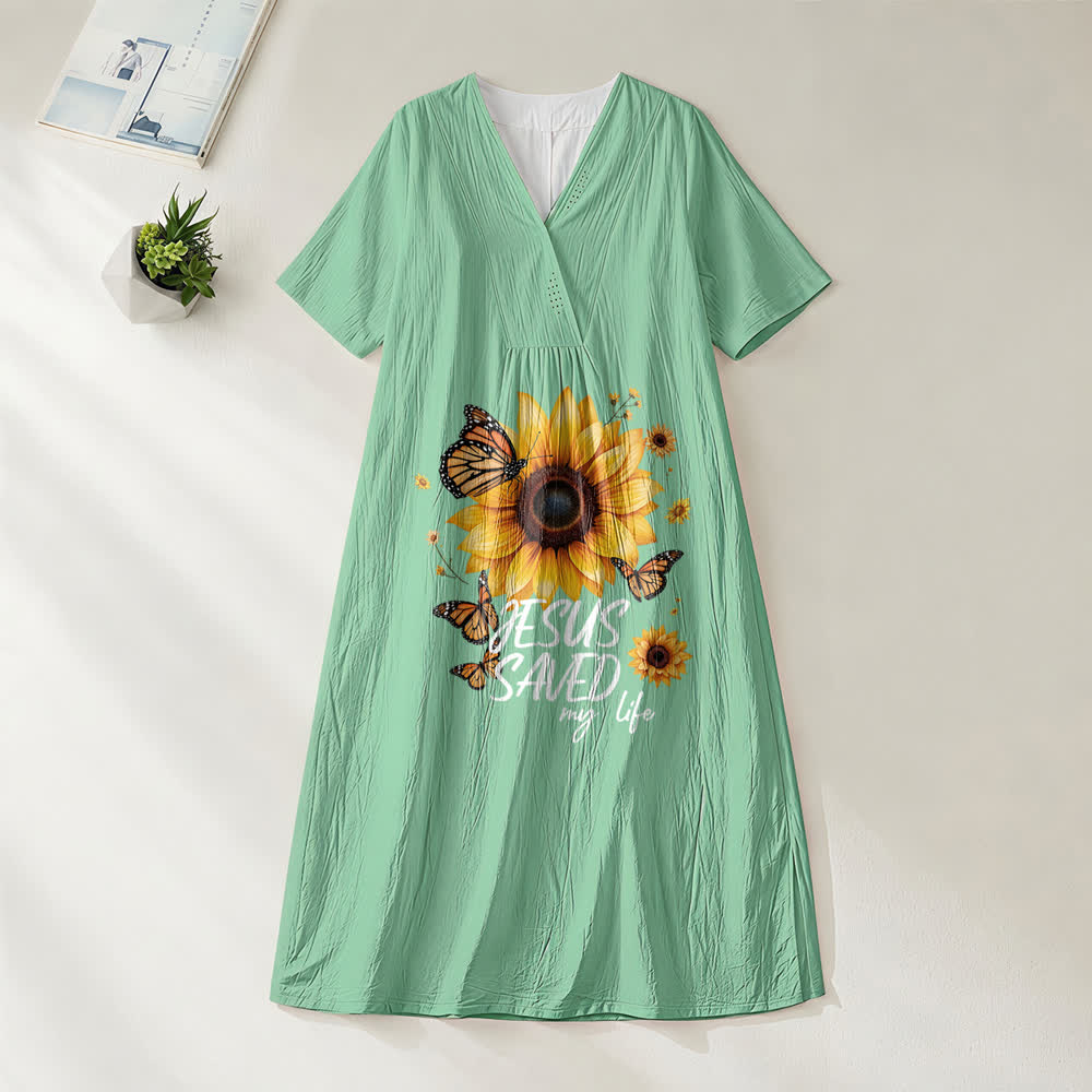 Christianartworkshop "Jesus Saved My Life" Sunflower & Butterfly V-Neck Short Sleeve Midi Dress