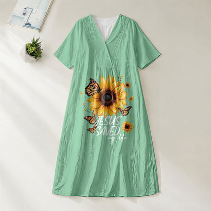Christianartworkshop "Jesus Saved My Life" Sunflower & Butterfly V-Neck Short Sleeve Midi Dress
