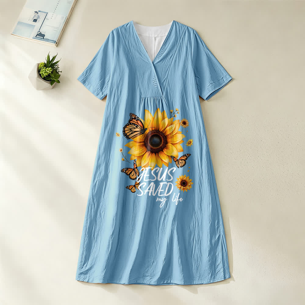 Christianartworkshop "Jesus Saved My Life" Sunflower & Butterfly V-Neck Short Sleeve Midi Dress