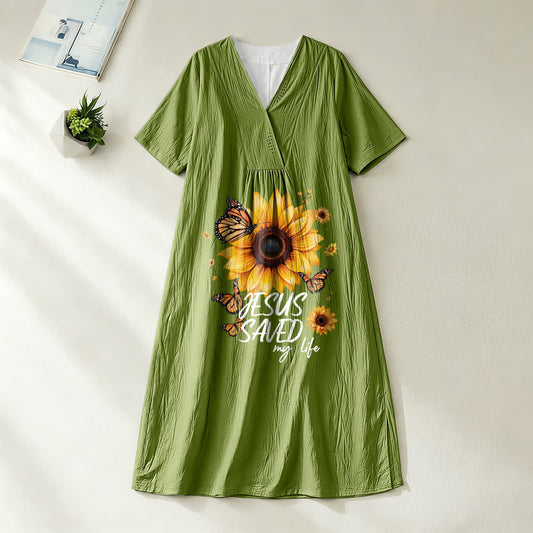 Christianartworkshop "Jesus Saved My Life" Sunflower & Butterfly V-Neck Short Sleeve Midi Dress