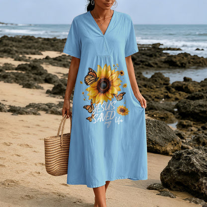 Christianartworkshop "Jesus Saved My Life" Sunflower & Butterfly V-Neck Short Sleeve Midi Dress