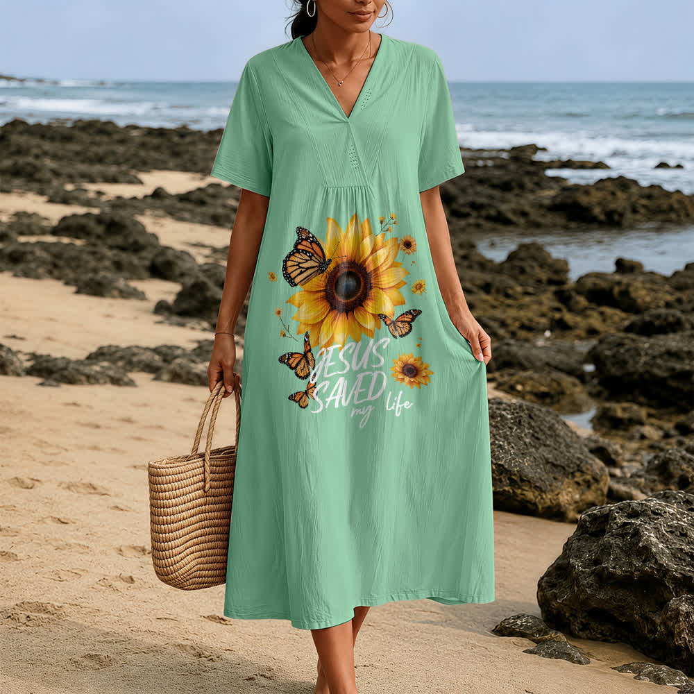Christianartworkshop "Jesus Saved My Life" Sunflower & Butterfly V-Neck Short Sleeve Midi Dress
