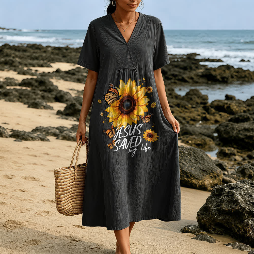 Christianartworkshop "Jesus Saved My Life" Sunflower & Butterfly V-Neck Short Sleeve Midi Dress