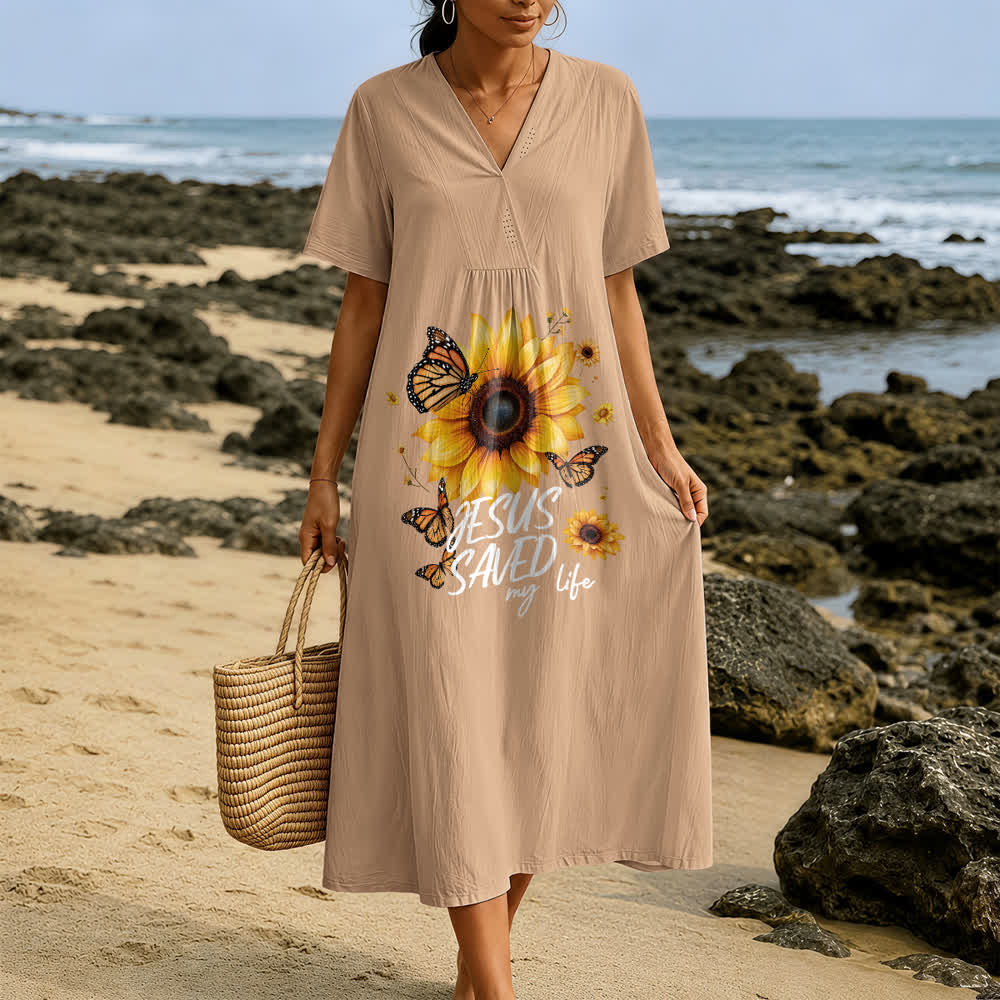 Christianartworkshop "Jesus Saved My Life" Sunflower & Butterfly V-Neck Short Sleeve Midi Dress