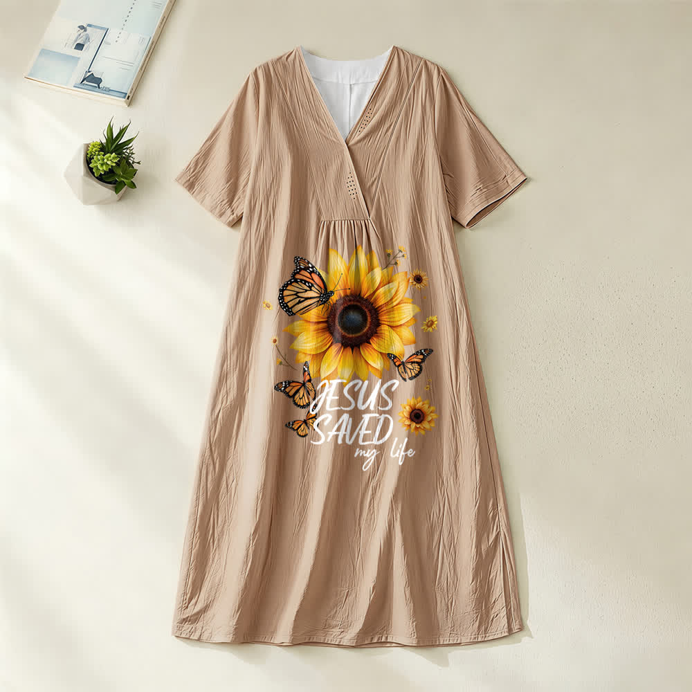 Christianartworkshop "Jesus Saved My Life" Sunflower & Butterfly V-Neck Short Sleeve Midi Dress