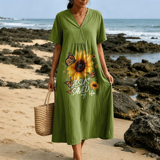 Christianartworkshop "Jesus Saved My Life" Sunflower & Butterfly V-Neck Short Sleeve Midi Dress