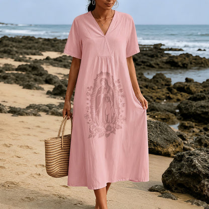 Christianartworkshop Our Lady of Guadalupe Silhouette V-Neck Short Sleeve Midi Dress