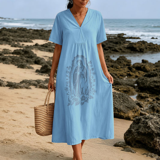 Christianartworkshop Our Lady of Guadalupe Silhouette V-Neck Short Sleeve Midi Dress