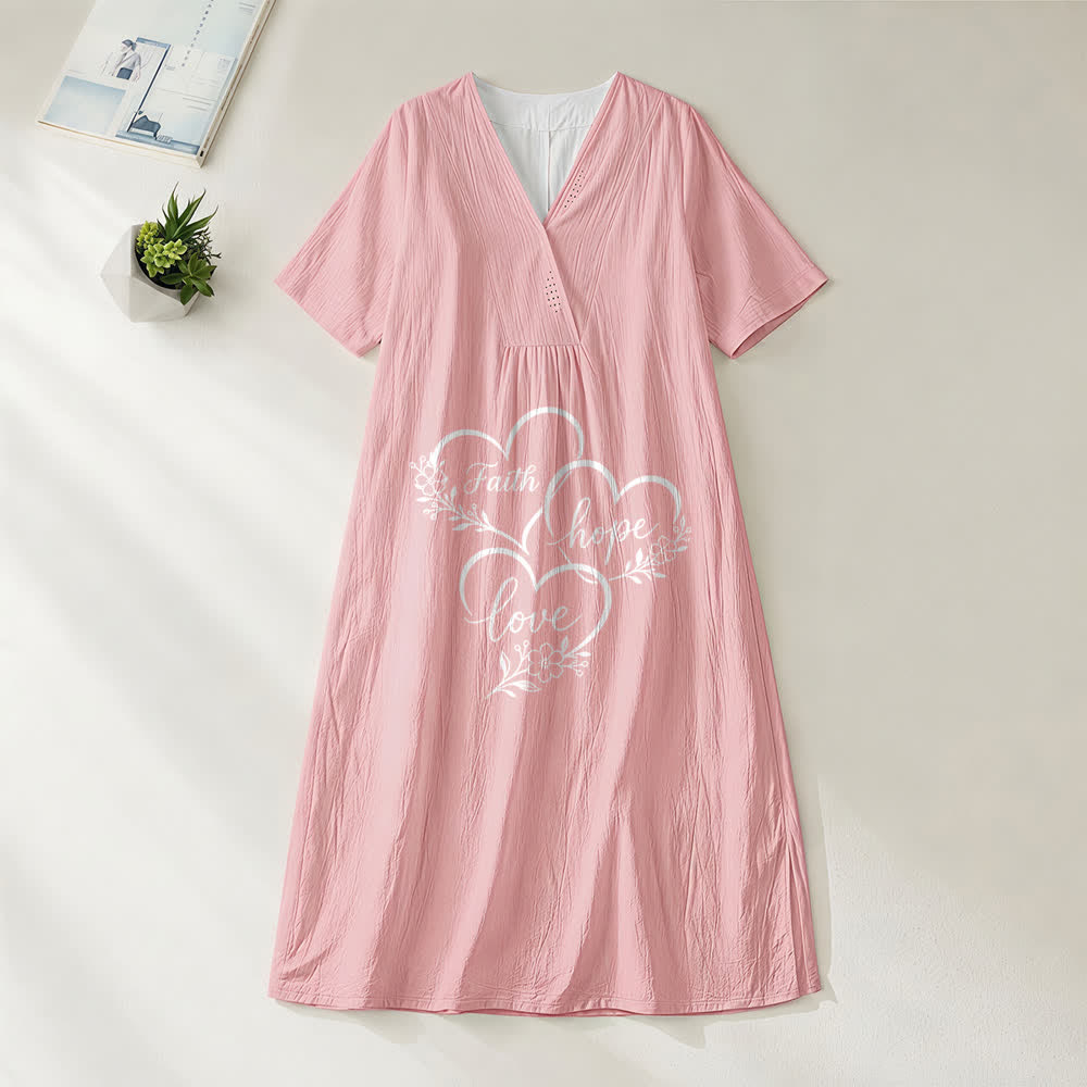 Christianartworkshop Floral Heart "Faith Hope Love" Print V-Neck Short Sleeve Midi Dress