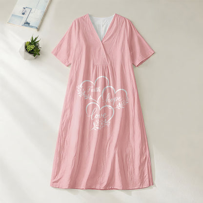 Christianartworkshop Floral Heart "Faith Hope Love" Print V-Neck Short Sleeve Midi Dress