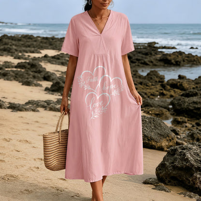 Christianartworkshop Floral Heart "Faith Hope Love" Print V-Neck Short Sleeve Midi Dress