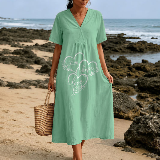 Christianartworkshop Floral Heart "Faith Hope Love" Print V-Neck Short Sleeve Midi Dress