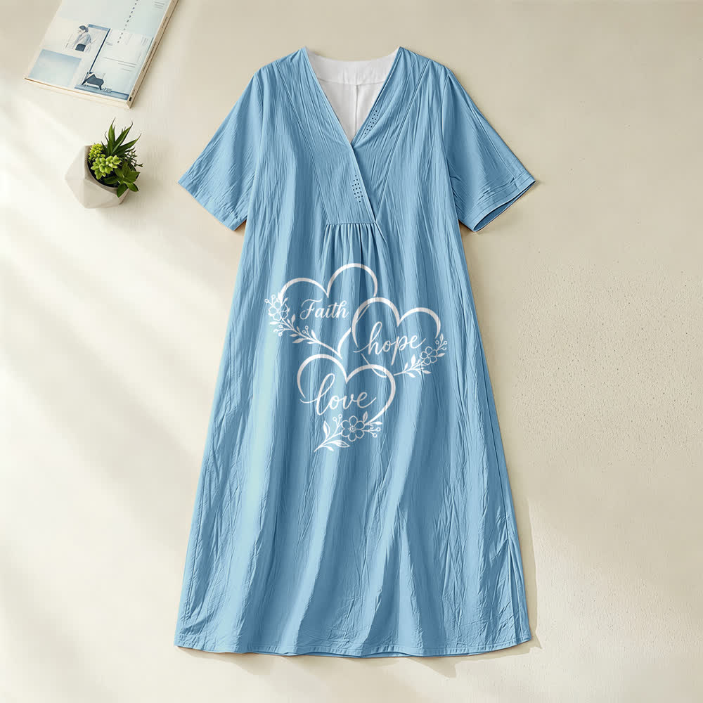 Christianartworkshop Floral Heart "Faith Hope Love" Print V-Neck Short Sleeve Midi Dress