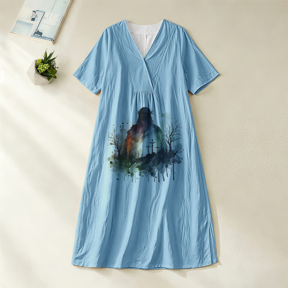 Christianartworkshop Religious Art Watercolor Jesus Silhouette V-Neck Short Sleeve Midi Dress