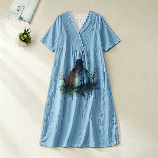 Christianartworkshop Religious Art Watercolor Jesus Silhouette V-Neck Short Sleeve Midi Dress