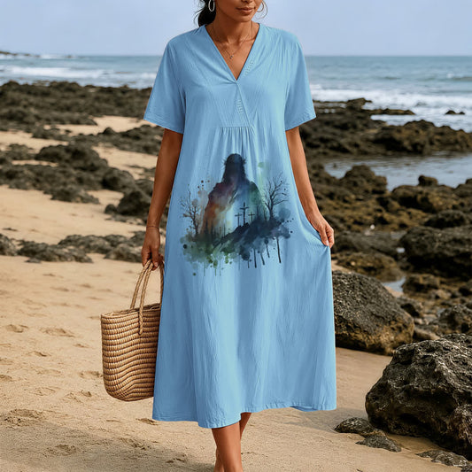 Christianartworkshop Religious Art Watercolor Jesus Silhouette V-Neck Short Sleeve Midi Dress
