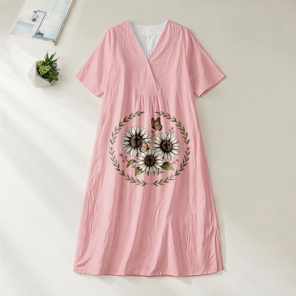 Christianartworkshop Devotional Sunflower Cross & Butterfly Wreath V-Neck Short Sleeve Midi Dress