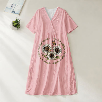 Christianartworkshop Devotional Sunflower Cross & Butterfly Wreath V-Neck Short Sleeve Midi Dress