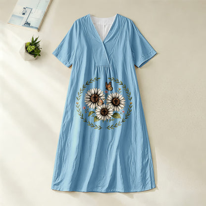 Christianartworkshop Devotional Sunflower Cross & Butterfly Wreath V-Neck Short Sleeve Midi Dress