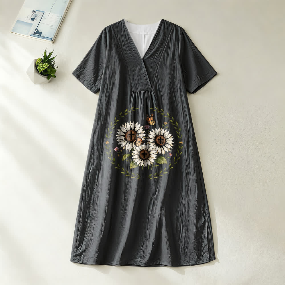 Christianartworkshop Devotional Sunflower Cross & Butterfly Wreath V-Neck Short Sleeve Midi Dress