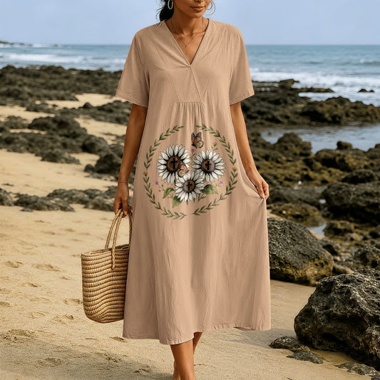 Christianartworkshop Devotional Sunflower Cross & Butterfly Wreath V-Neck Short Sleeve Midi Dress